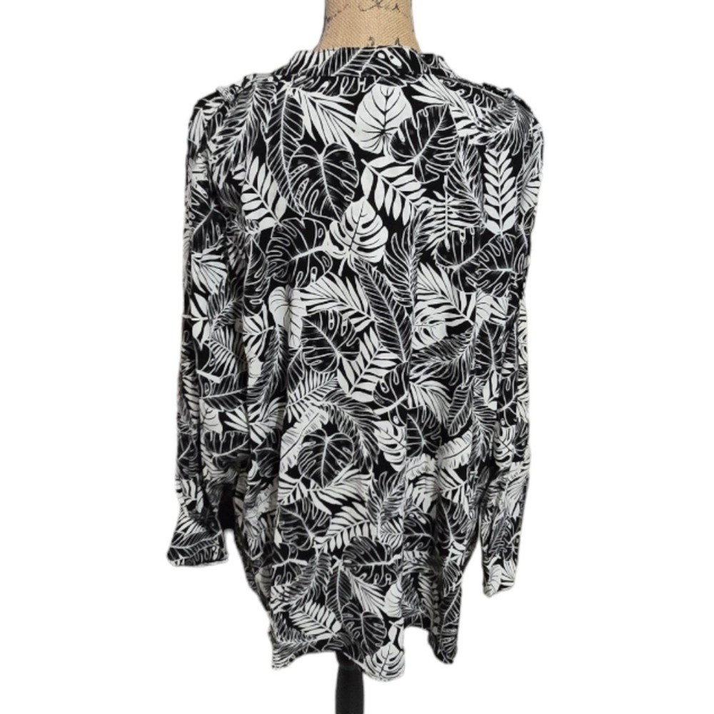 Calvin Klein Black White Tropical Palm Linen Blend Button Blouse Top Shirt 3X - Picture 2 of 11